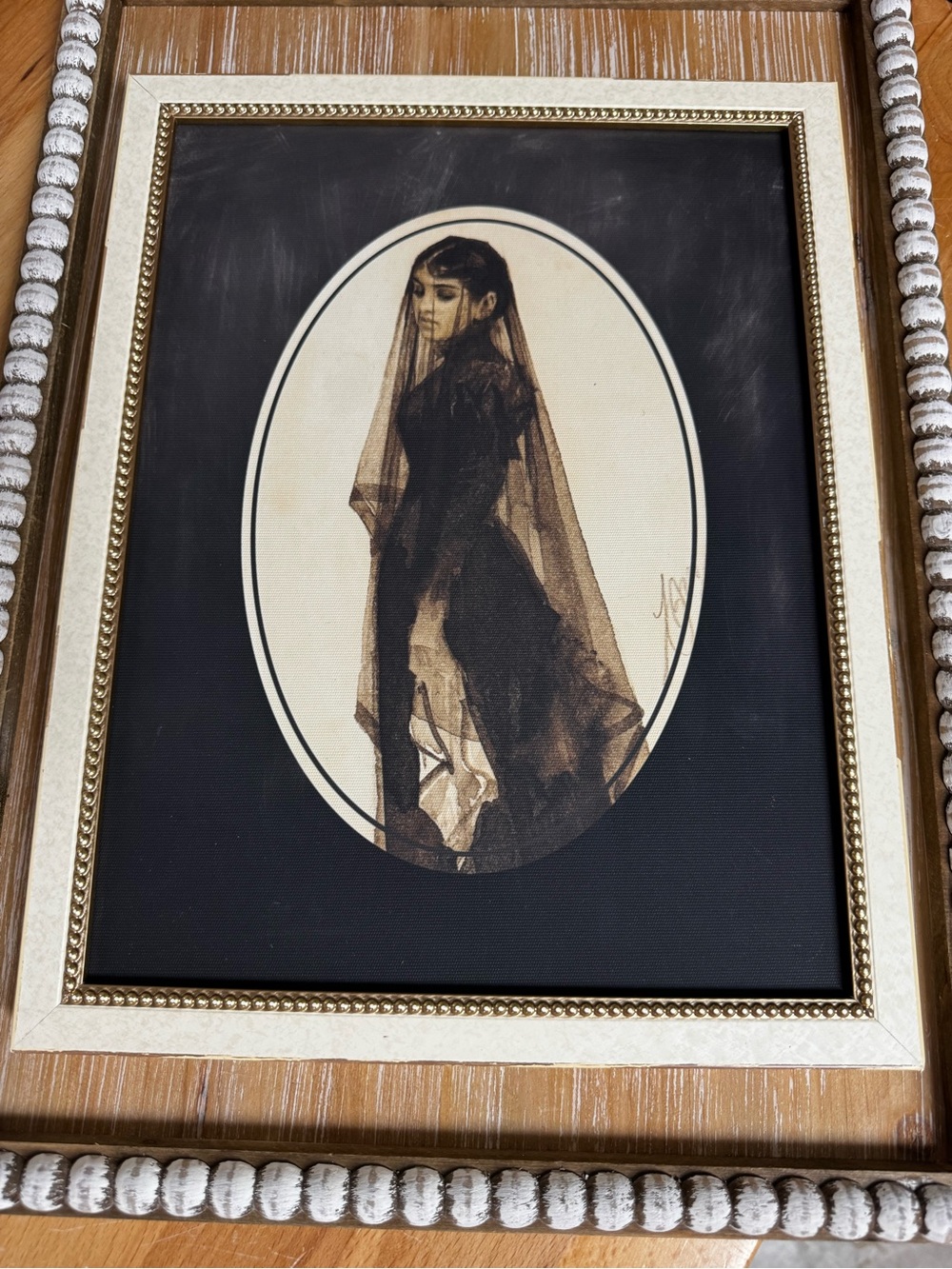 Gothic Veiled Figure Framed Wall Art - Black & Cream Halloween Veiled Bride
